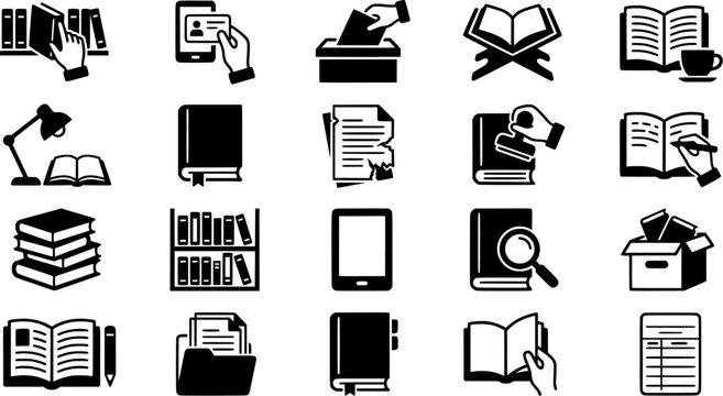 A versatile collection of detailed black and white glyphs representing various book related activities like reading, studying, library services, and book maintenance, perfect for