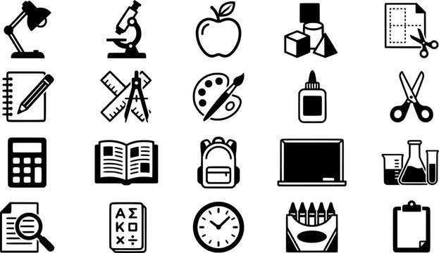 Collection of essential education and learning tools represented as black silhouette icons for school apps and teaching materials
