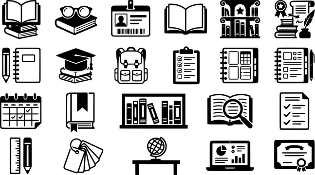 Academic and study graphic icons including stacked books, reading glasses on a book, student ID card, open book, and desk lamp, suitable for educational content and school projects.