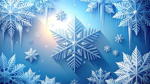 Artistic illustration of stylized snowflakes, ice, and icicles in a cool, wintery scene