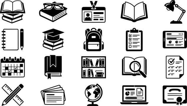 Academic and study graphic icons including stacked books, reading glasses on a book, student ID card, open book, and desk lamp, suitable for educational content and school projects.