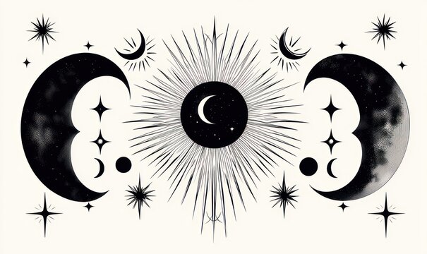 symmetrical black and white celestial composition with central sun disc enclosing a crescent, radiating rays, mirrored crescent moons, star clusters and small moon phases evoking mystical calm