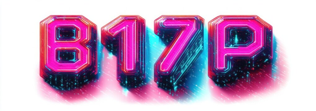 glossy neon 3d alphanumeric b17p with metallic bevels on a white background, vivid pink and cyan glow, glitchy particles, motion streaks and sparkles conveying energetic futuristic excitement