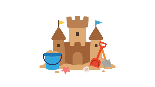 An artistic illustration of a sandcastle with a bucket, shovel, and spade, surrounded by shells and sand, perfect for beach-themed designs and summer fun
