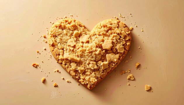 heart shaped oatmeal cookie with crumbs on soft beige background