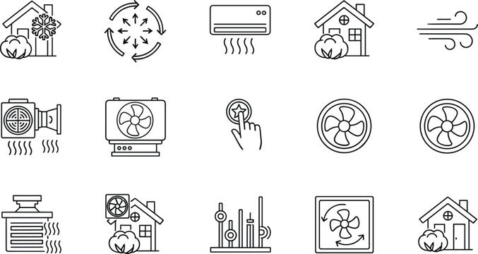 Air Conditioning and Ventilation Icon Set Featuring Fans, AC Units, and Airflow Systems