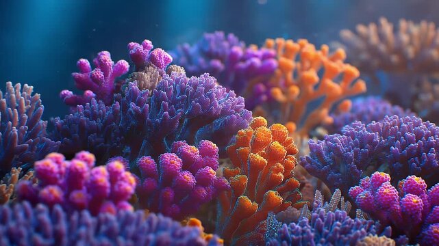 Vibrant coral garden of purple, pink and orange polyps glows under beams of blue light; fine textures and drifting particles fill the frame, evoking serene, enchanted underwater life. Bright