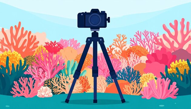professional camera on tripod in vibrant coral reef illustration for photography concept