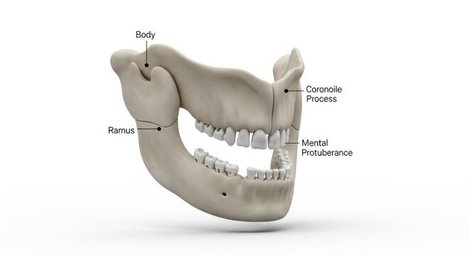 Anatomical illustration of a human jawbone with labeled parts including body, ramus, condyle process and mental prominence in a medical context.