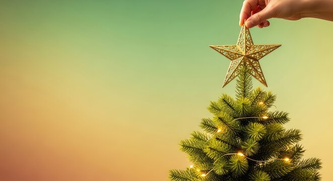 A radiant golden star being carefully placed atop a lush green holiday tree, surrounded by shimmering fairy lights and warm seasonal glow, warmth, star, shining