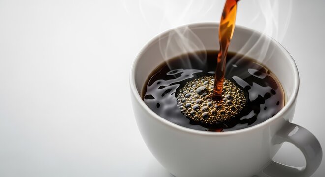 A smooth stream of hot dark coffee pours into a white ceramic mug, creating gentle ripples and tiny bubbles on the liquid surface area, drink, table, mug