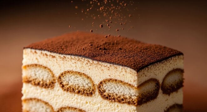 Delicious tiramisu dessert being sprinkled with cocoa powder on top