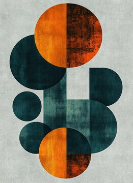 Stacked textured geometric composition of teal circles and rounded rectangles with two orange half-circles on a muted background, balanced and modern