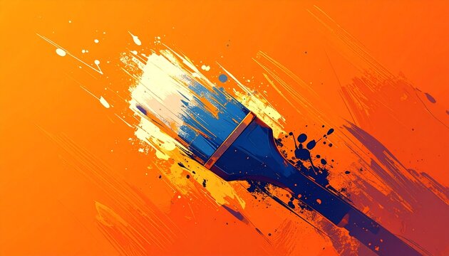 vibrant paint brush stroke on fiery orange gradient background with splatter effect