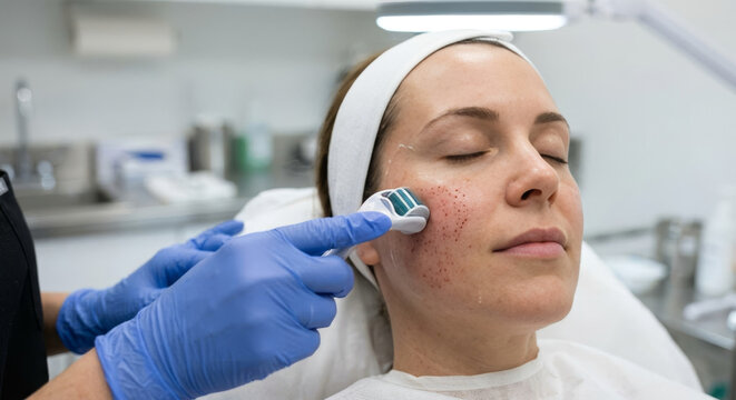 Professional Derma Roller Microneedling Treatment on Woman's Face with Visible Pinpoint Bleeding