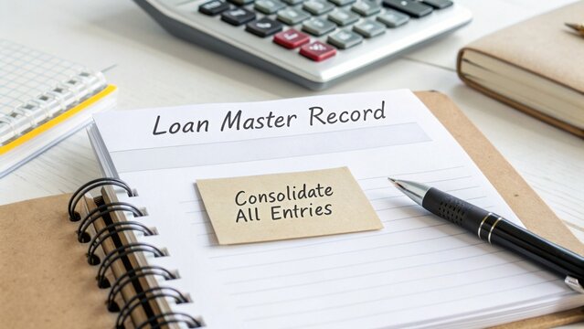 Organized workspace with loan master record notebook, calculator, stationery, and reminder note for consolidating all entries in financial management context