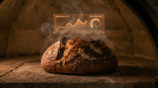 Rustic sourdough bread baking in a hot stone oven with a glowing holographic interface showing fermentation activity and yeast sensor data.