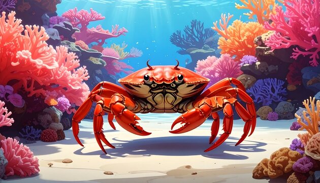vibrant red crab walking on colorful coral reef underwater scene digital art