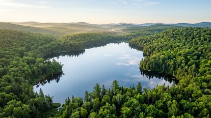 Fototapeta premium Aerial view of serene lake surrounded by lush green forest and mountains