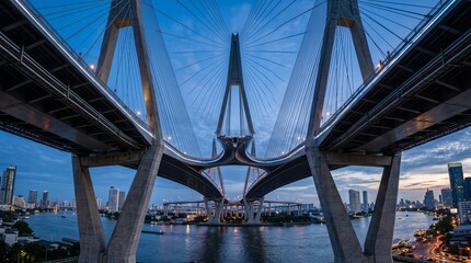 Naklejka premium Bangkok cityscape with Chao Phraya River bridge at dusk Thailand