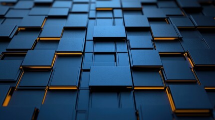 Fototapeta premium futuristic blue metallic tiles with glowing orange seams in a geometric grid conveying a sleek, mysterious high-tech mood