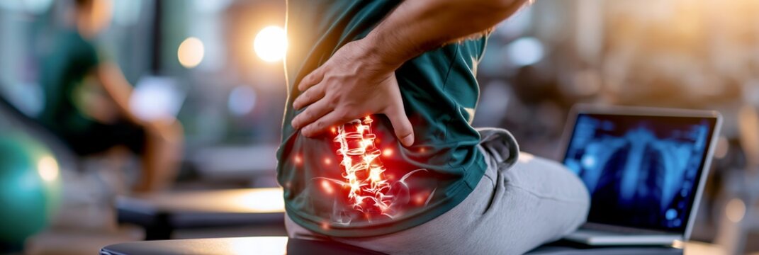 Man with lower back pain on a fitness bench, with x ray pelvis overlay and orange pain at the waist