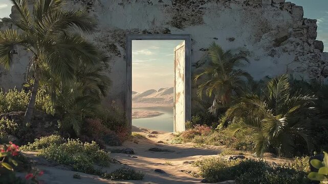 A weathered doorframe in a crumbling wall opens onto a sunlit desert lagoon, dunes and calm water beyond, framed by lush tropical palms and wildflowers, evoking a surreal hidden portal. now.