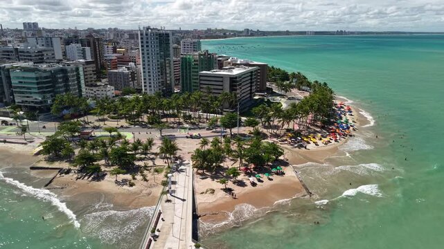 Aerial view of Marco dos Corais during high tide - Observation pier built on the reefs of Ponta Verde Beach, inaugurated in April 2022, a tourist attraction in Macei&oacute;, Alagoas, Brazil