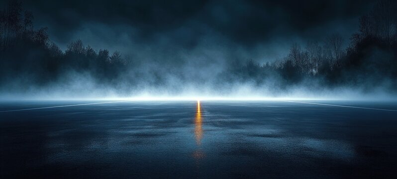 Empty wet road at night with a single glowing centerline reflection, low mist on the horizon and silhouetted trees conveying eerie solitude