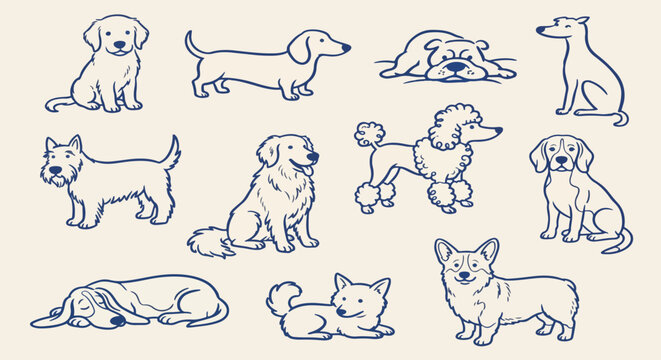 Dog breeds set naive blue sketch vector illustration