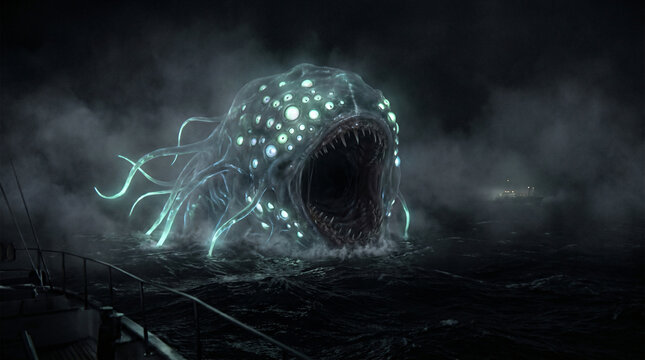 Deep Sea Bioluminescent Monster with Massive Open Jaw Rising Near Dark Pier