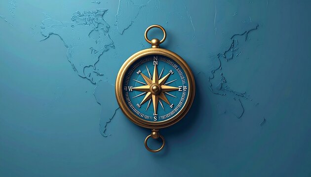 vintage brass compass on cracked blue surface for travel and navigation concept