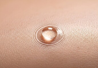 Fototapeta premium Macro shot of a single clear water drop on human skin surface with ripple effect for skincare concept.