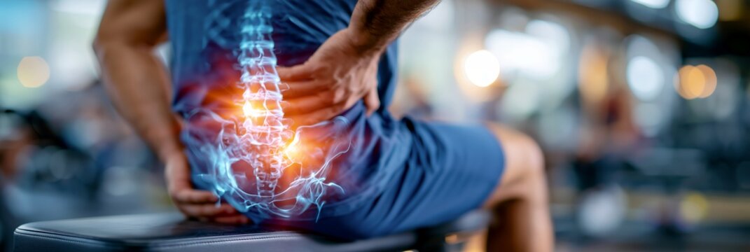 Man with lower back pain on gym bench, glowing lumbar spine and pelvis x-ray overlay showing injury
