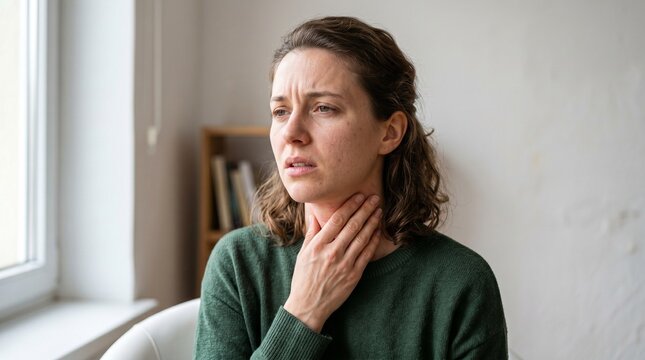Woman with sore throat, difficulty swallowing, and pain in her neck