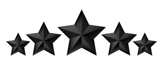 Obraz premium Five black stars rating set in 3D style. Clean geometric star icons representing review, feedback, quality and ranking. Isolated on transparent background, perfect for UI design, apps, websites, award