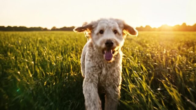 Happy dog running through a golden field at sunset.