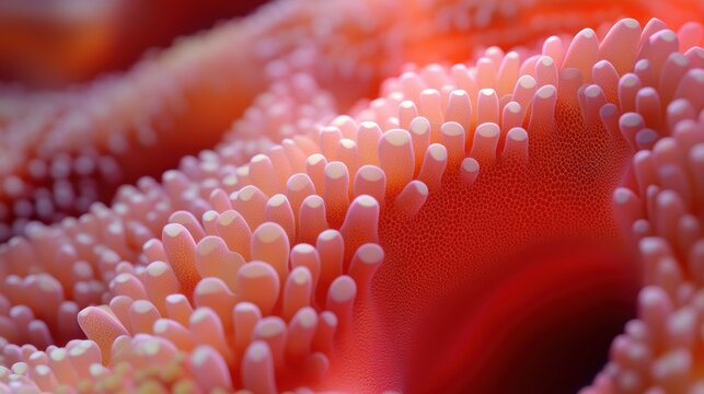 macro close-up of pink and orange sea anemone tentacles and polyps with soft glowing texture, evoking calm wonder
