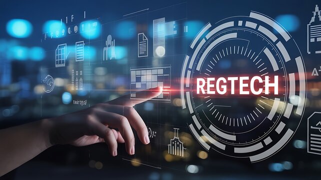 A hand interacts with a futuristic RegTech interface on a screen at night.