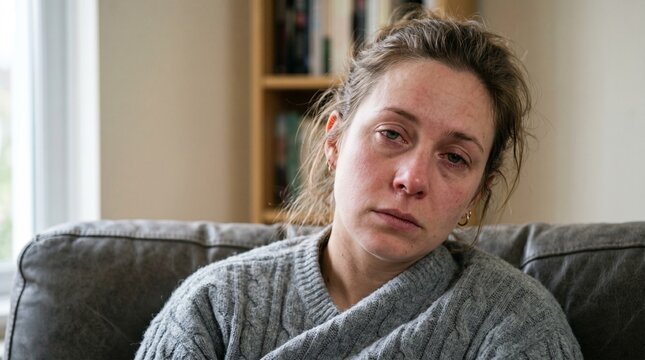 Close-up of a woman with red, tired eyes, looking unwell and exhausted