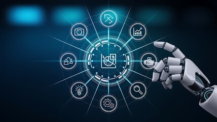 Fototapeta premium A robotic hand interacts with futuristic interface icons on a dark technological background with glowing elements.