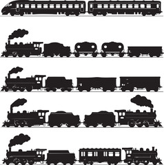 Freight train with locomotive, passenger train icons collection. Black silhouette of freight trains collection. Set of railway transport. Black wagon and locomotive © MstHazara