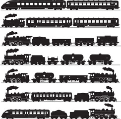Freight train with locomotive, passenger train icons collection. Black silhouette of freight trains collection. Set of railway transport. Black wagon and locomotive © MstHazara