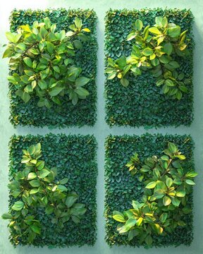 four square living wall panels of dense small leaves with larger glossy leaf clusters in a 2x2 grid on a pale wall, creating a fresh calming verdant display