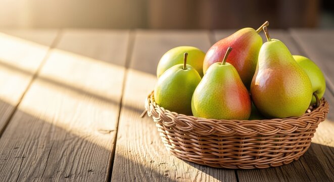Ein geflochtener Weidenkorb voller saftiger, reifer Birnen steht auf einem rustikalen Holztisch im warmen Licht eines sonnigen Herbsttages, Genuss, Erntedank, Korb