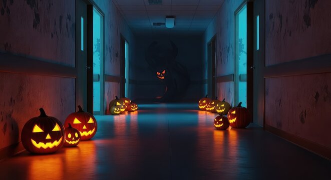 Eerie hospital hallway decorated for Halloween with glowing carved pumpkins lining the floor while a mysterious shadowy form lurks behind, orange, mist, October