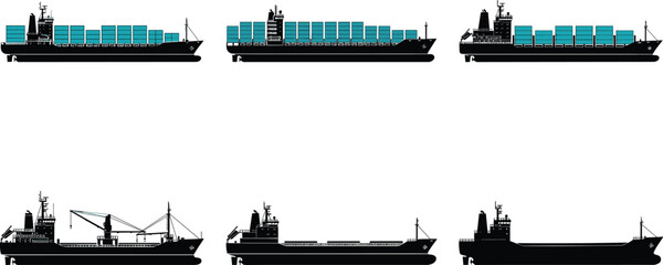 Collection of cargo ship silhouettes featuring container vessels bulk carriers and industrial maritime transport isolated on white background © MdMazibur