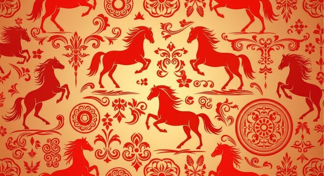 Elegant red and gold seamless pattern featuring stylized horse silhouettes and traditional ornaments, ideal for festive video loop overlays, elegant, lantern, traditional