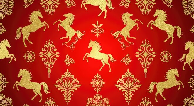 Elegant red and gold seamless pattern featuring stylized horse silhouettes and traditional ornaments, ideal for festive video loop overlays, silhouette, motion, artistic
