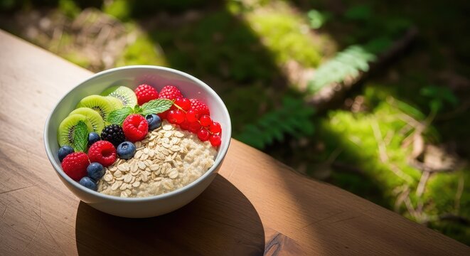 Enjoy a healthy morning meal featuring organic fruit and oats placed on a wooden surface in a lush forest setting with soft natural light, serene, sun, meal